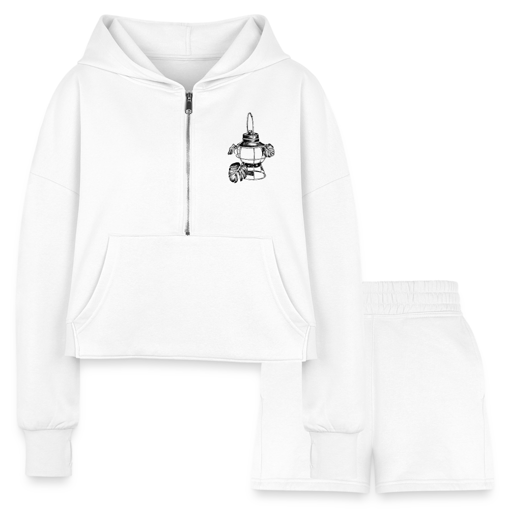 Black Lantern Half Zip Cropped Hoodie & Jogger Short Set - white