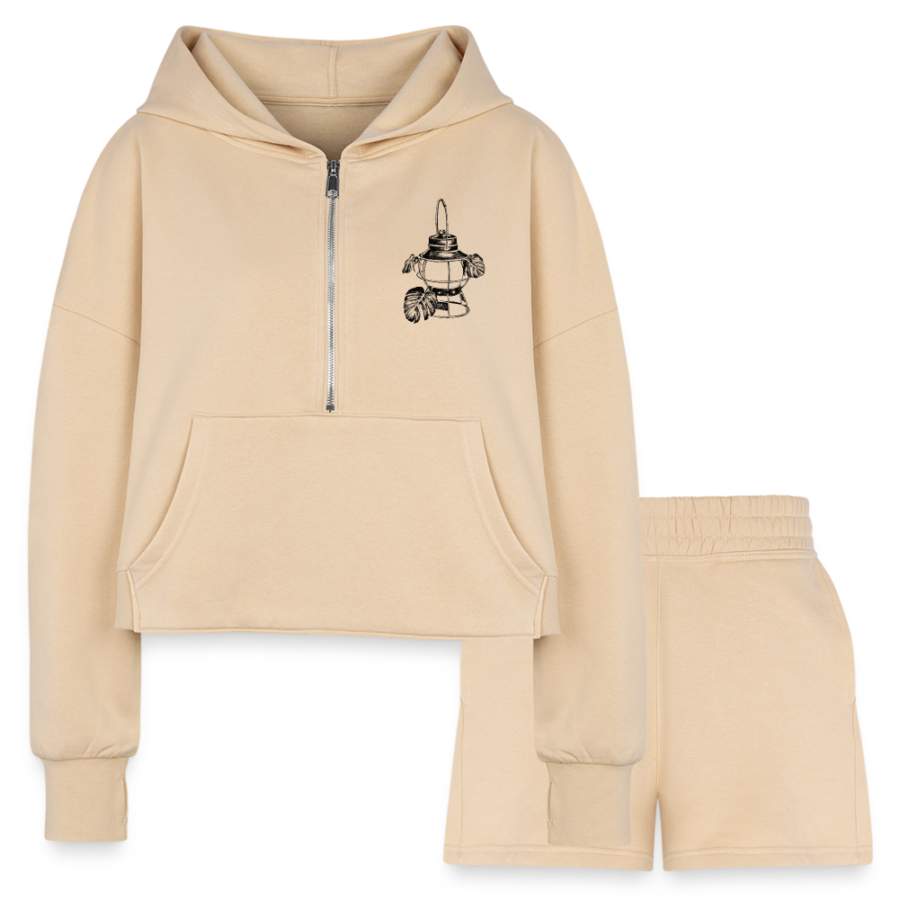 Black Lantern Half Zip Cropped Hoodie & Jogger Short Set - nude