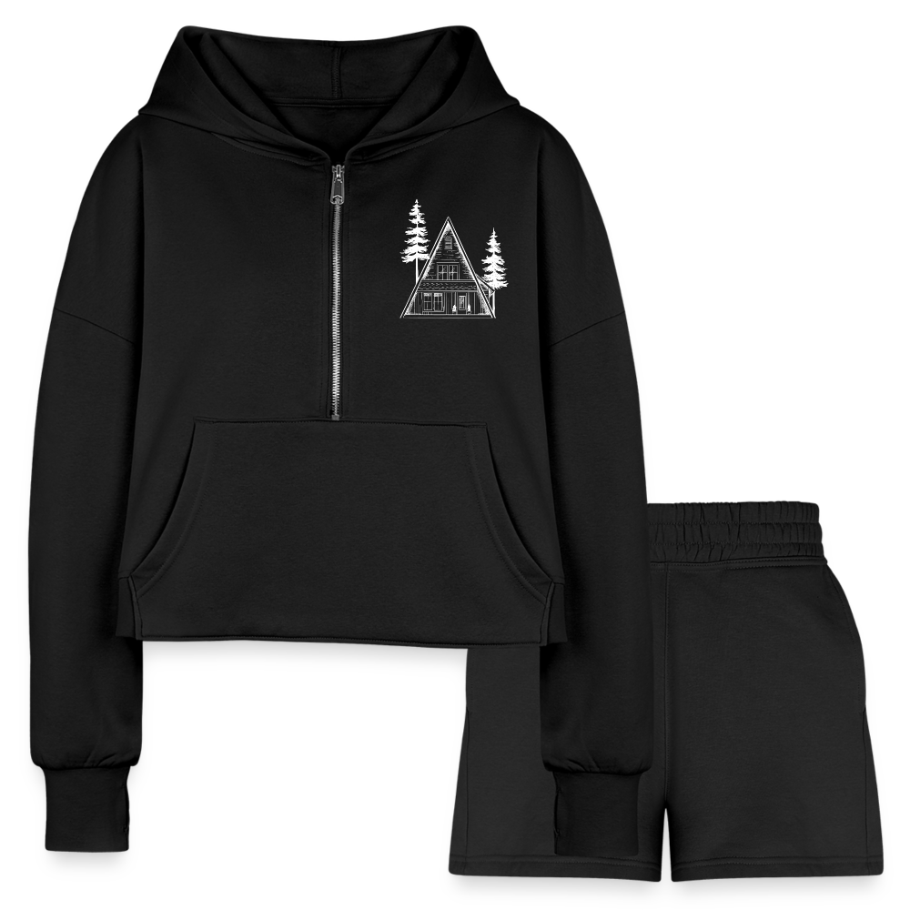 A-Frame White Women’s Cropped Hoodie & Jogger Short Set - black