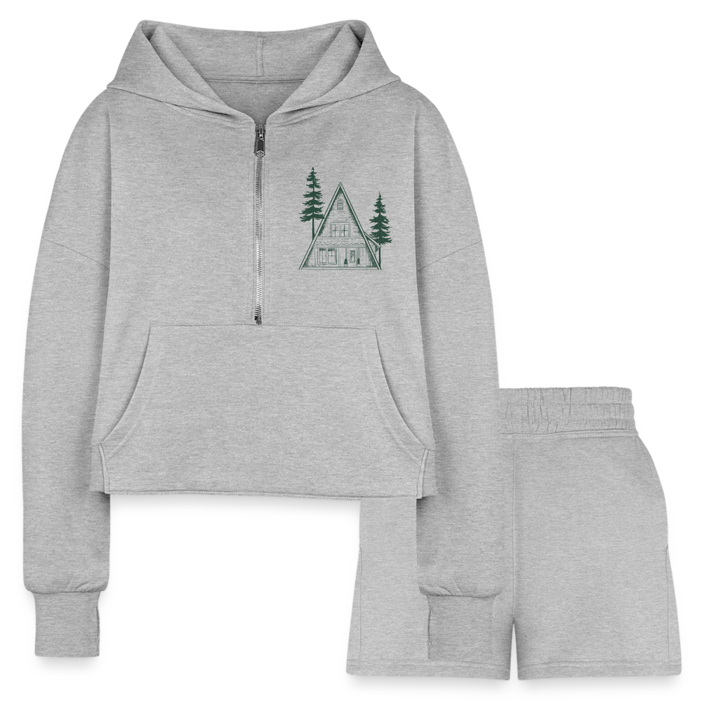 A-Frame Green Women's Cropped Hoodie & Jogger Short Set - heather gray