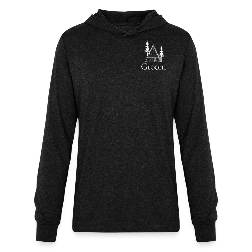 "Groom" A-Frame White Long Sleeve Hoodie Shirt - heather black