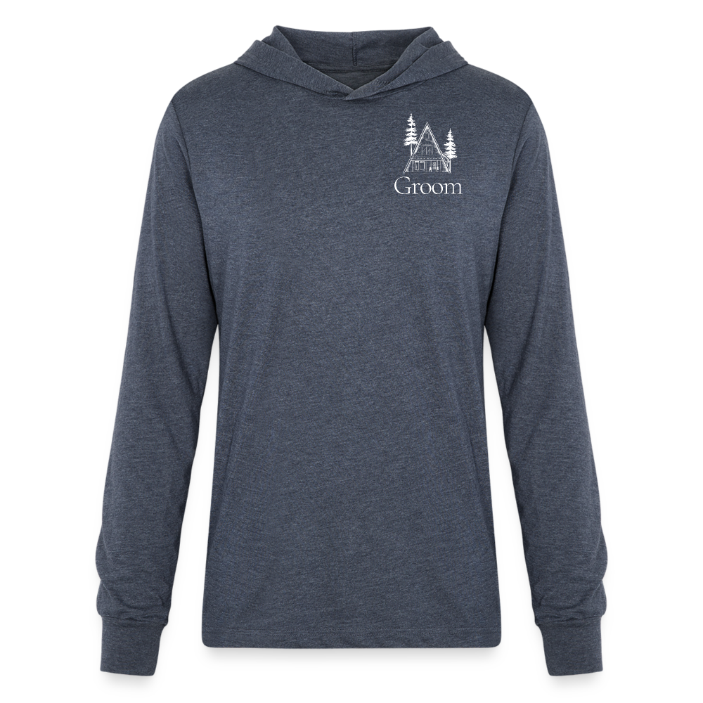 "Groom" A-Frame White Long Sleeve Hoodie Shirt - heather navy