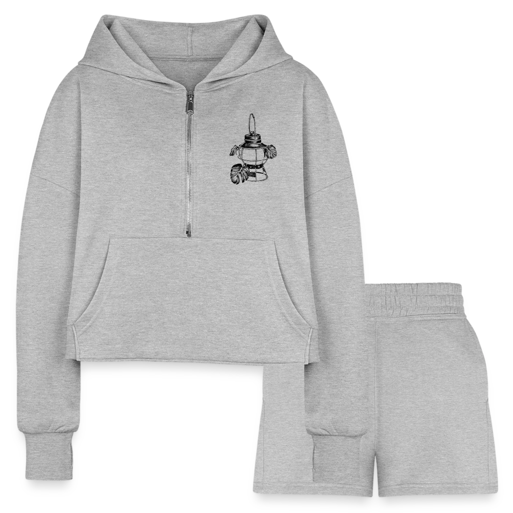 Black Lantern Half Zip Cropped Hoodie & Jogger Short Set - heather gray