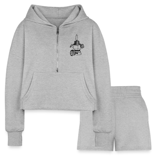 Black Lantern Half Zip Cropped Hoodie & Jogger Short Set - heather gray